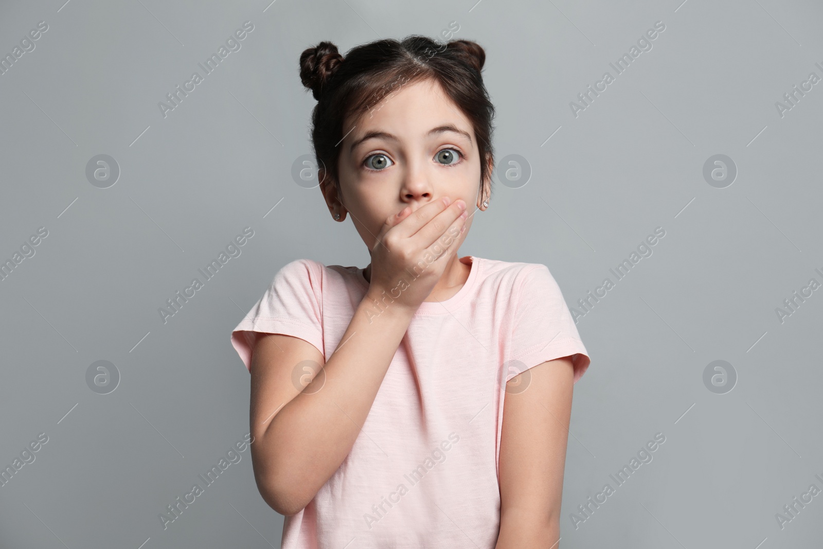 Photo of Little girl feeling fear on grey background