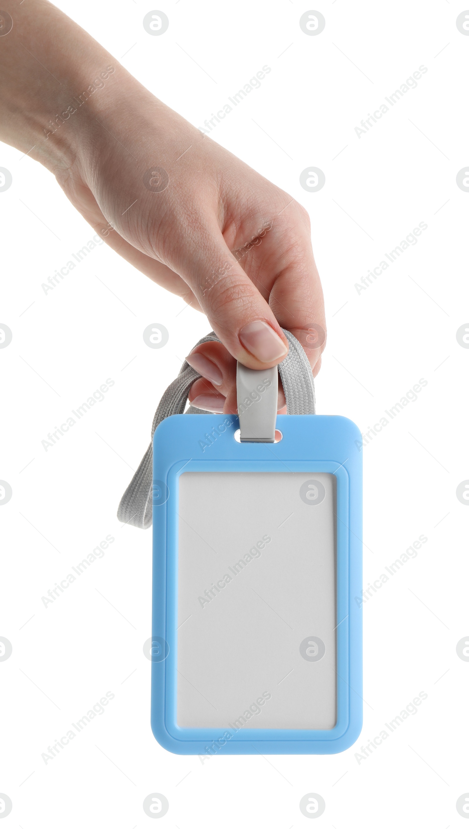 Photo of Woman holding blank badge with string on white background