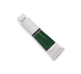 Photo of Tube with dark green oil paint on white background, top view