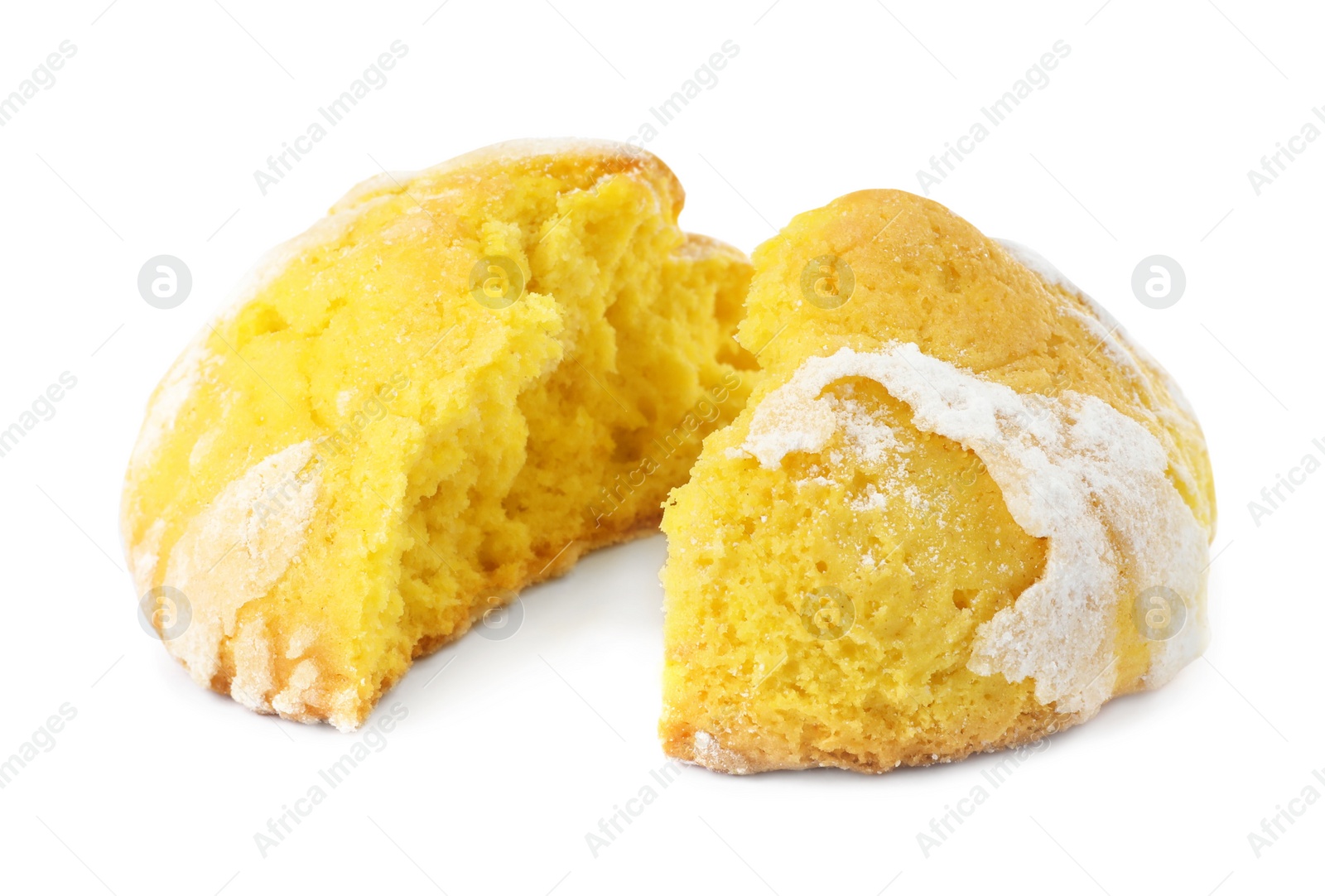 Photo of Broken tasty lemon cookie on white background