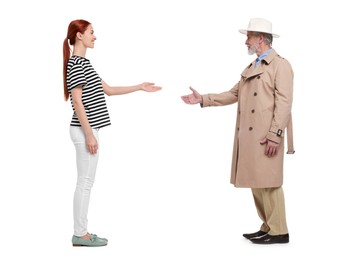 Image of Young woman and senior man talking on white background. Dialogue