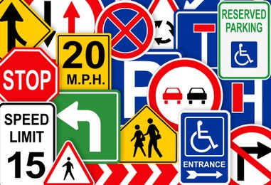 Image of Collection of different traffic signs as background