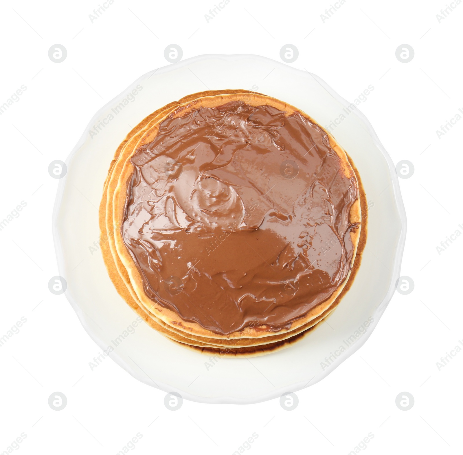 Photo of Tasty pancakes with chocolate paste isolated on white, top view