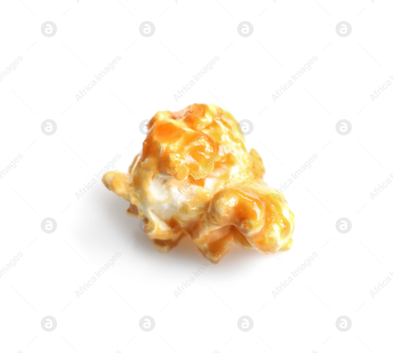 Photo of Delicious popcorn with caramel on white background