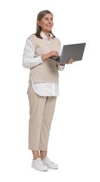 Photo of Senior woman using laptop on white background