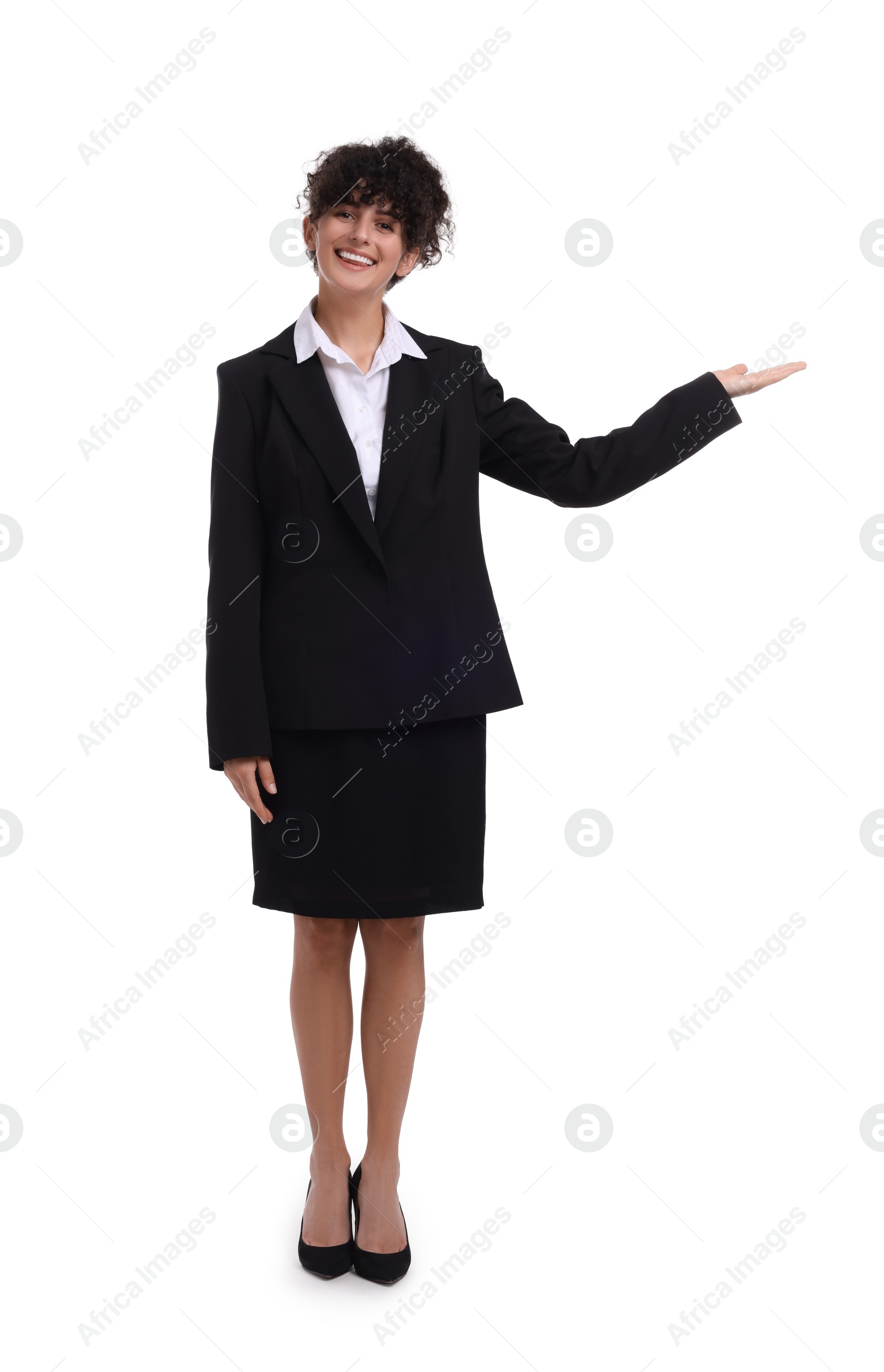 Photo of Beautiful happy businesswoman in suit on white background