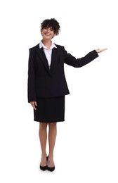 Photo of Beautiful happy businesswoman in suit on white background