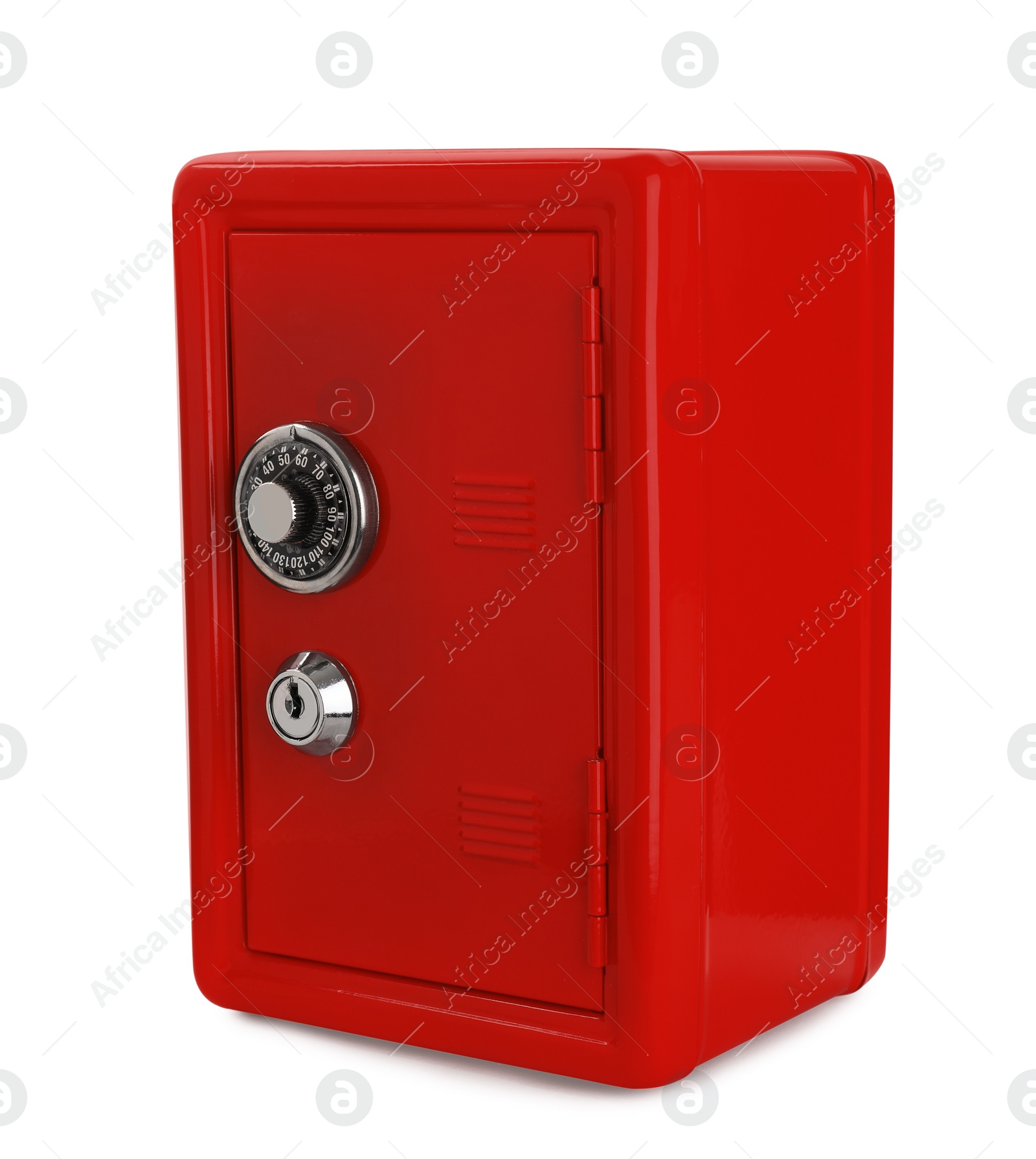 Photo of Closed red steel safe isolated on white