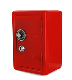Photo of Closed red steel safe isolated on white
