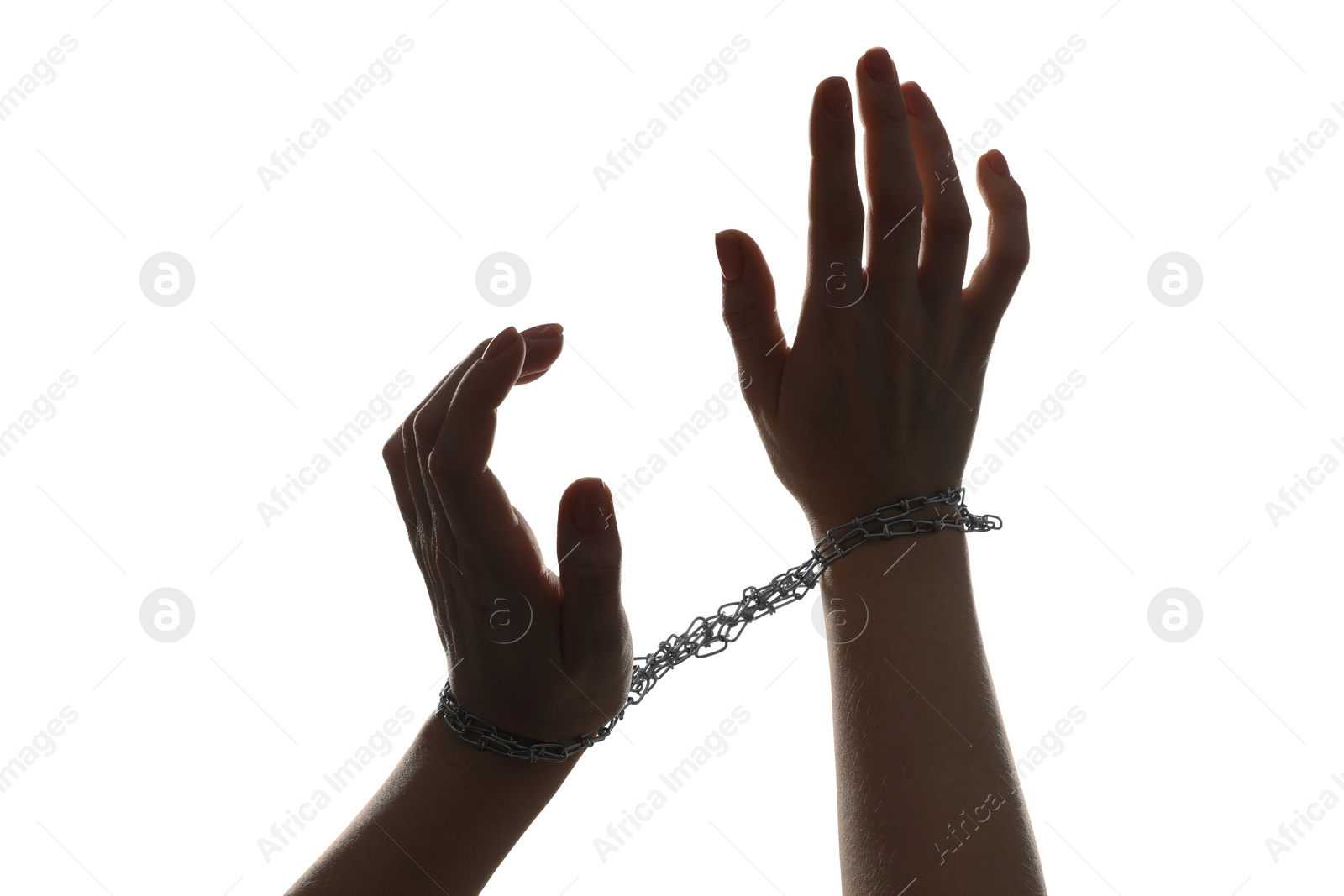 Photo of Freedom concept. Woman with tied arms on white background, closeup