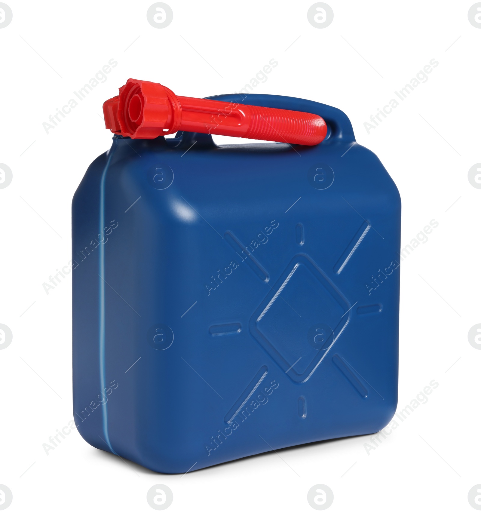 Photo of New blue plastic canister isolated on white