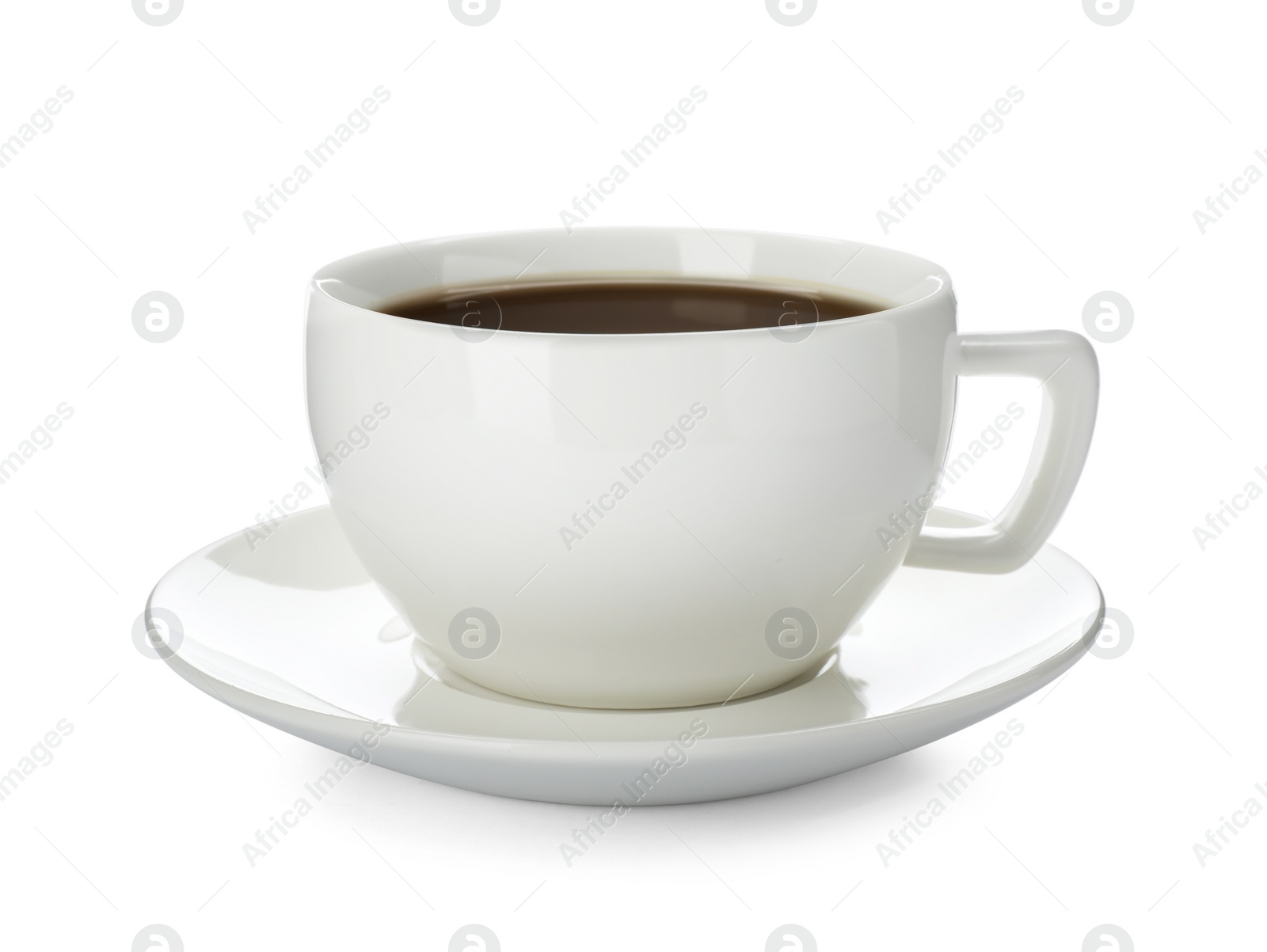 Photo of Ceramic cup with hot aromatic coffee on white background