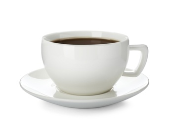 Photo of Ceramic cup with hot aromatic coffee on white background