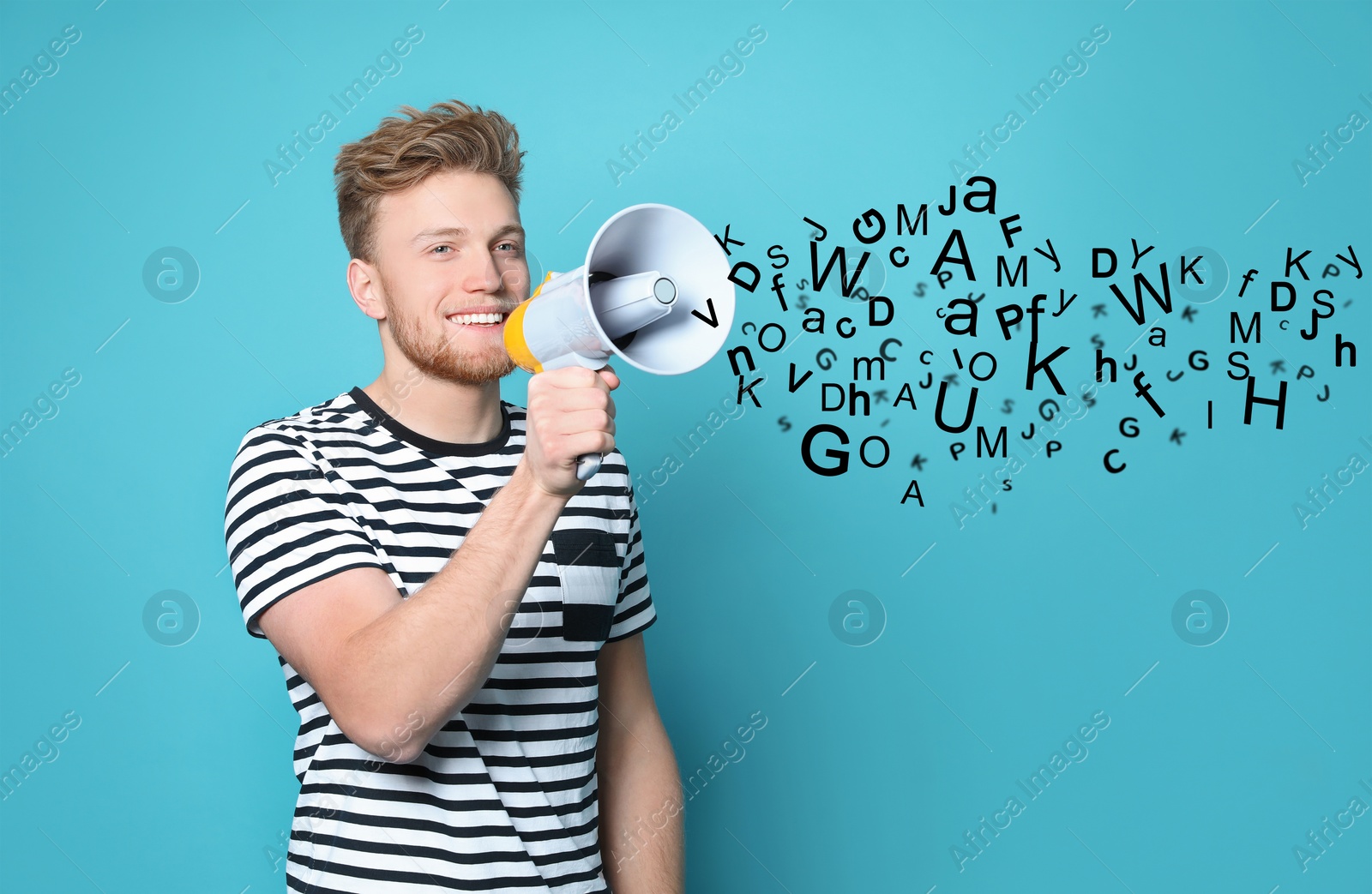 Image of Man using megaphone on light blue background. Letters flying out of device