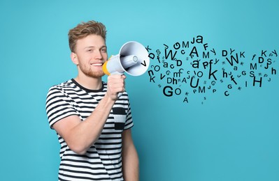Image of Man using megaphone on light blue background. Letters flying out of device