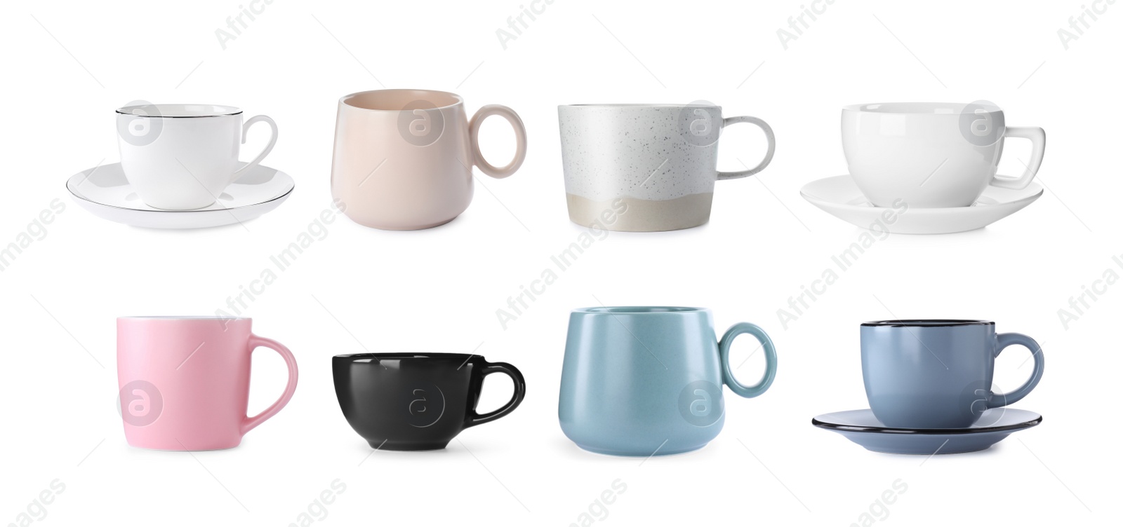 Image of Set with different beautiful cups on white background. Banner design