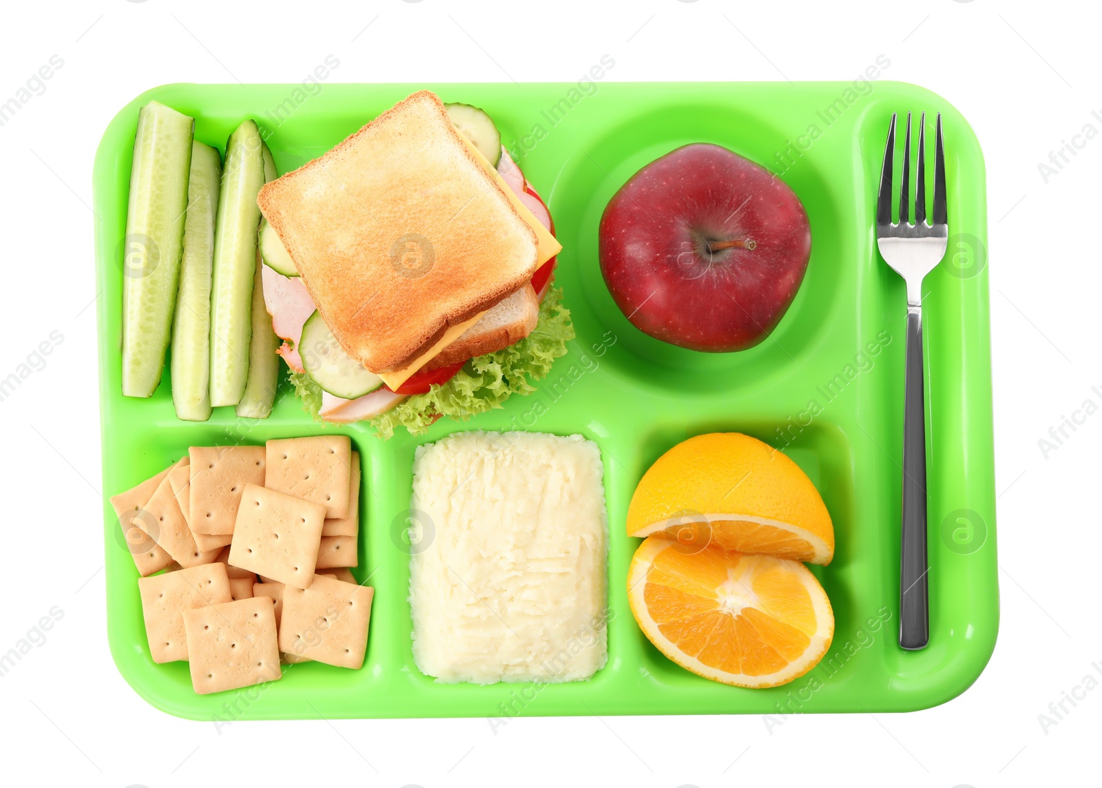 Photo of Serving tray with tasty healthy food isolated on white, top view. School dinner