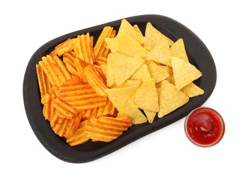 Photo of Tasty tortilla and ridged chips with ketchup on white background, top view