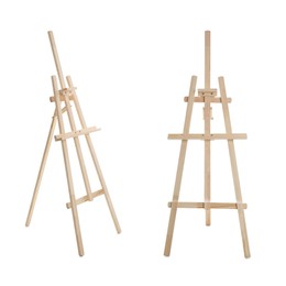Empty wooden easels on white background, collage