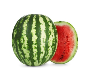Photo of Delicious whole and cut watermelons isolated on white