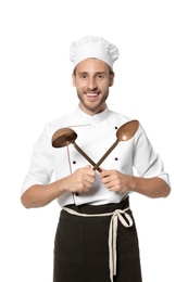 Photo of Professional chef with kitchen tools on white background