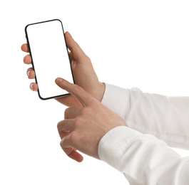 Man holding mobile phone with empty screen on white background, closeup