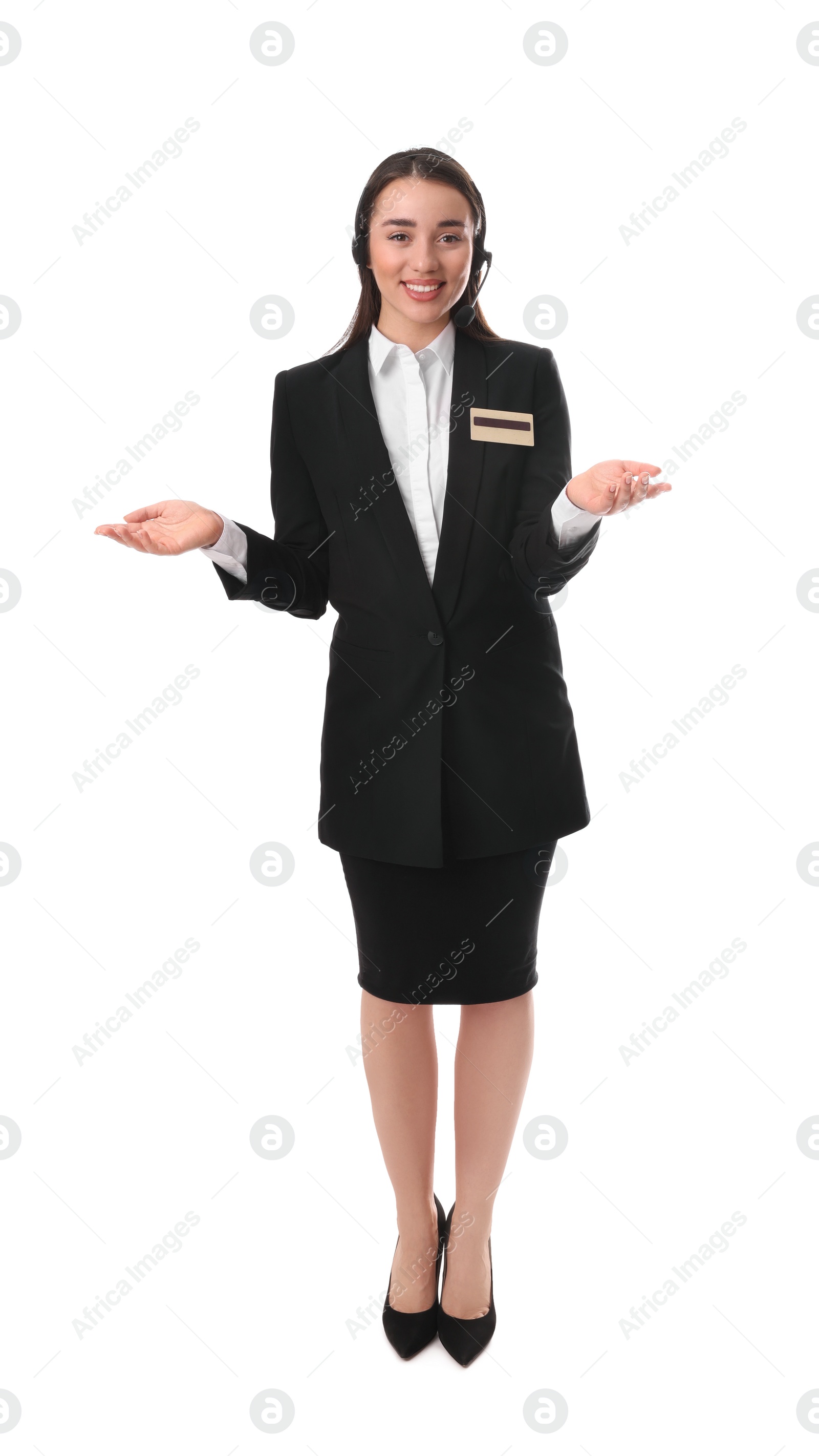 Photo of Full length portrait of receptionist with headset on white background