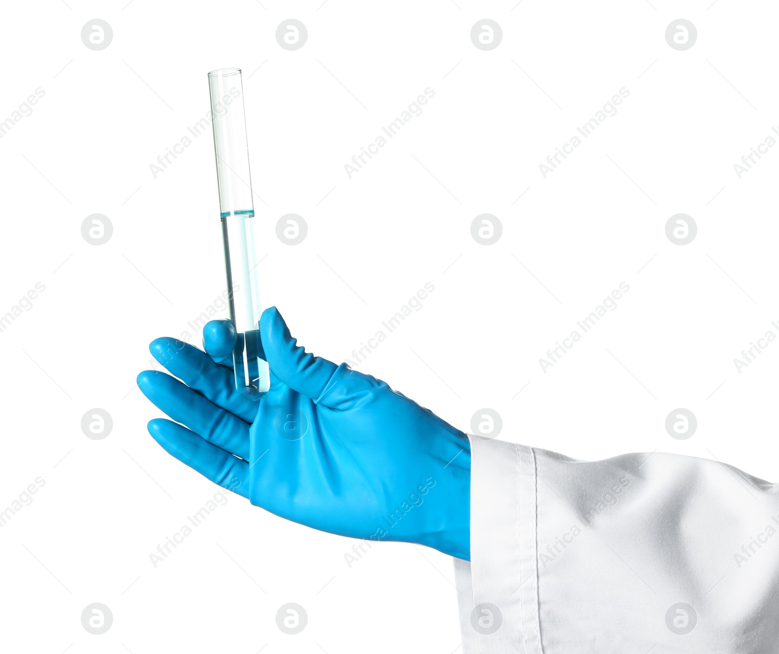 Photo of Scientist holding test tube with liquid on white background. Chemical research