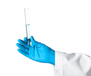 Photo of Scientist holding test tube with liquid on white background. Chemical research