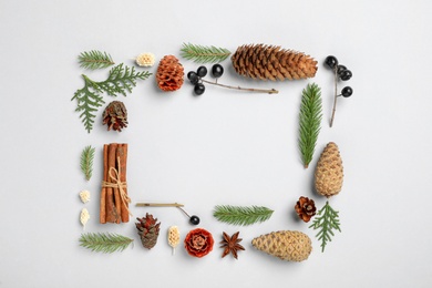 Photo of Flat lay composition with pinecones on white background. Space for text