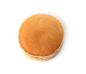 Stack of tasty pancakes on white background, top view