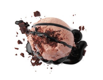 Scoop of tasty ice cream with chocolate chunks and syrup isolated on white, top view