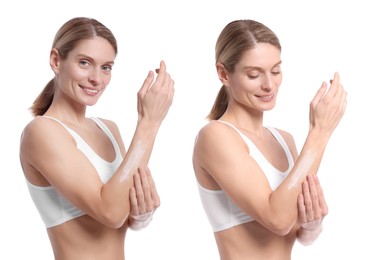 Collage with photos of woman applying body cream on white background