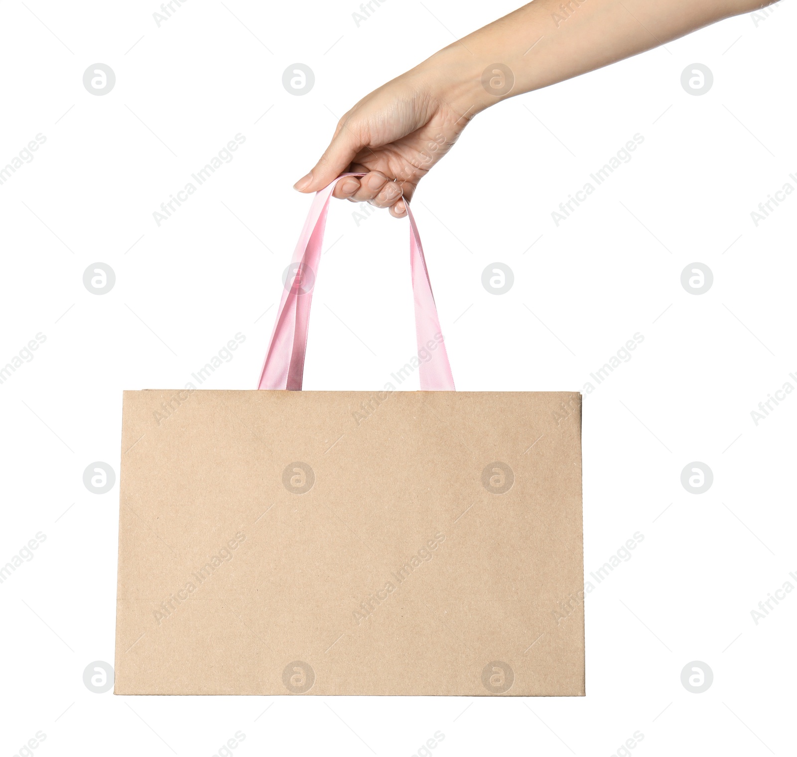 Photo of Woman holding paper shopping bag isolated on white, closeup