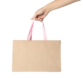 Woman holding paper shopping bag isolated on white, closeup