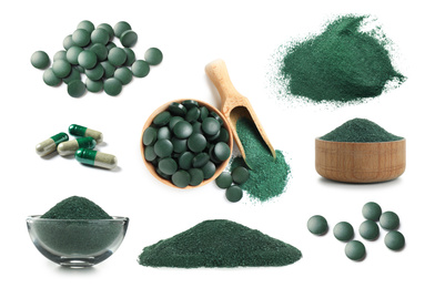 Image of Set of spirulina algae powder and pills on white background