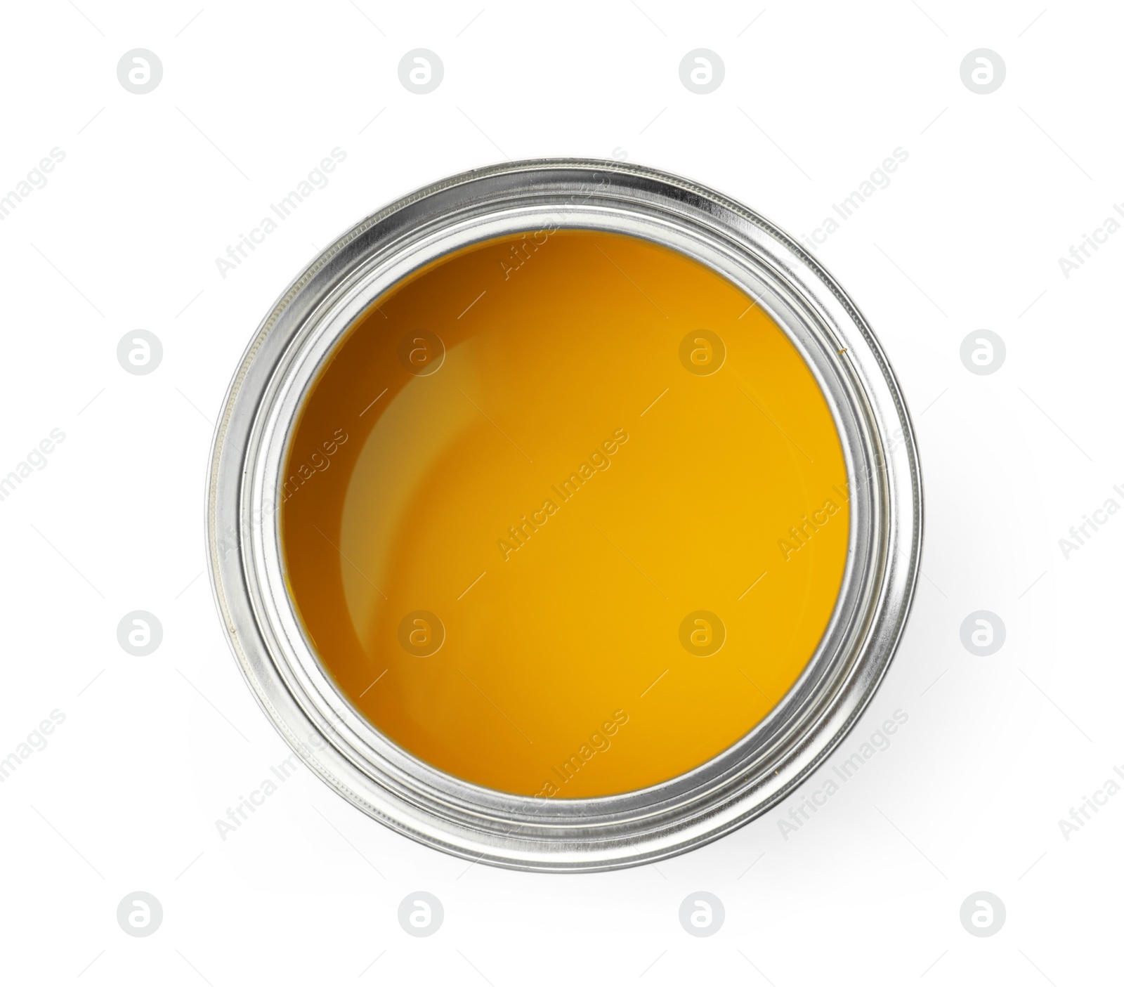 Photo of Open paint can on white background, top view