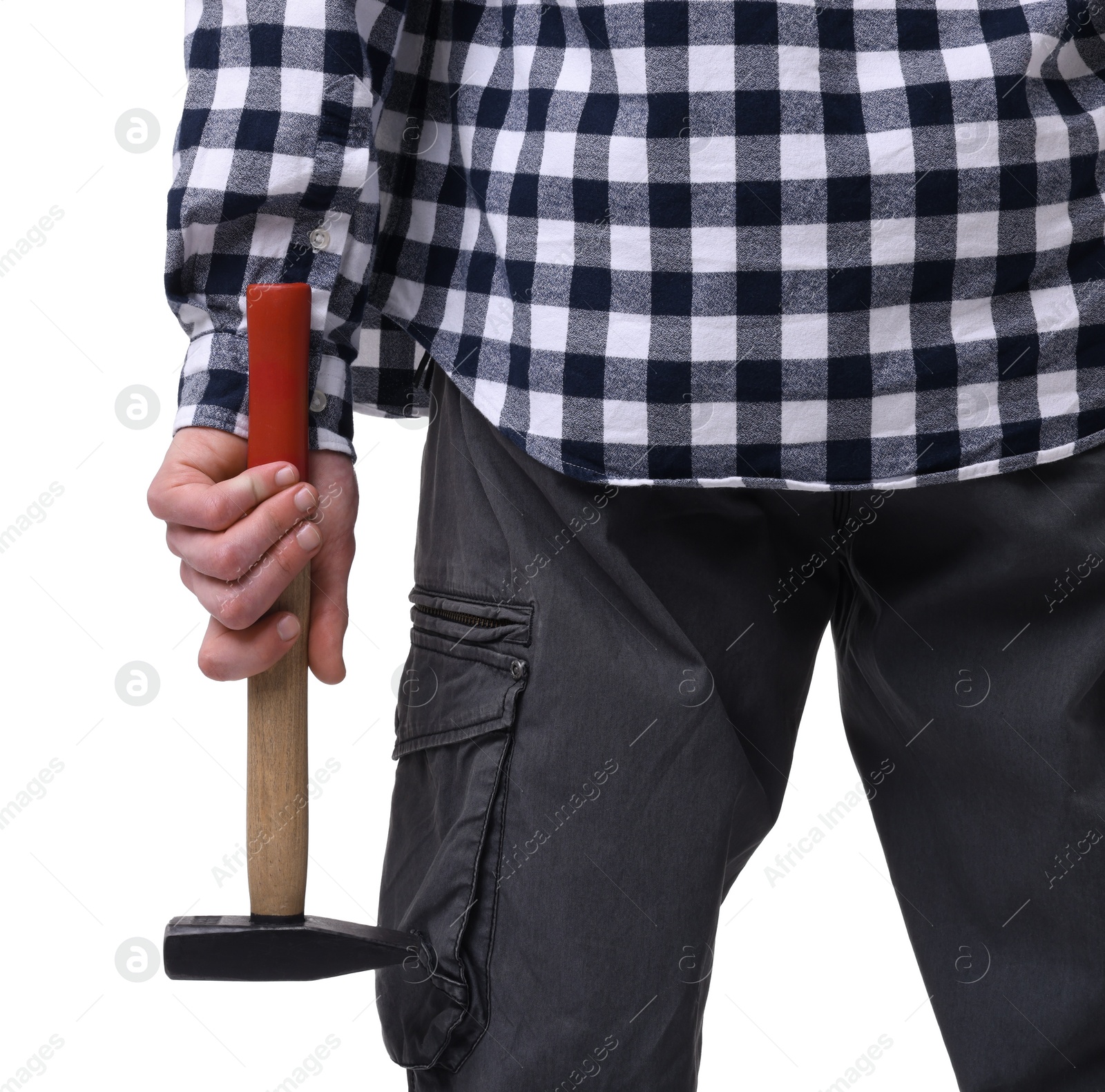 Photo of Young man holding hammer on white background, closeup