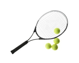 Photo of Tennis racket and balls on white background. Sports equipment