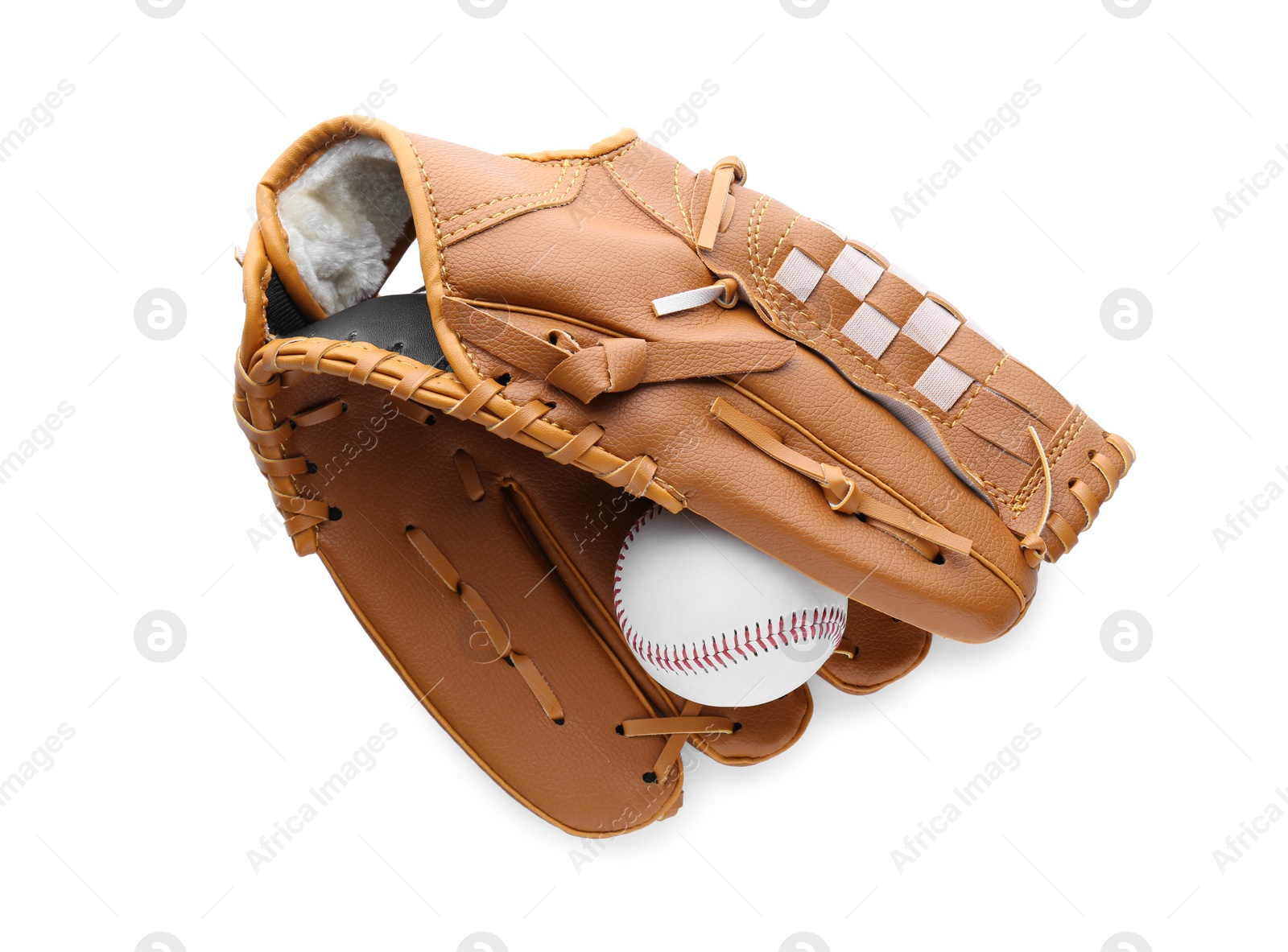 Photo of Leather baseball glove with ball isolated on white, top view