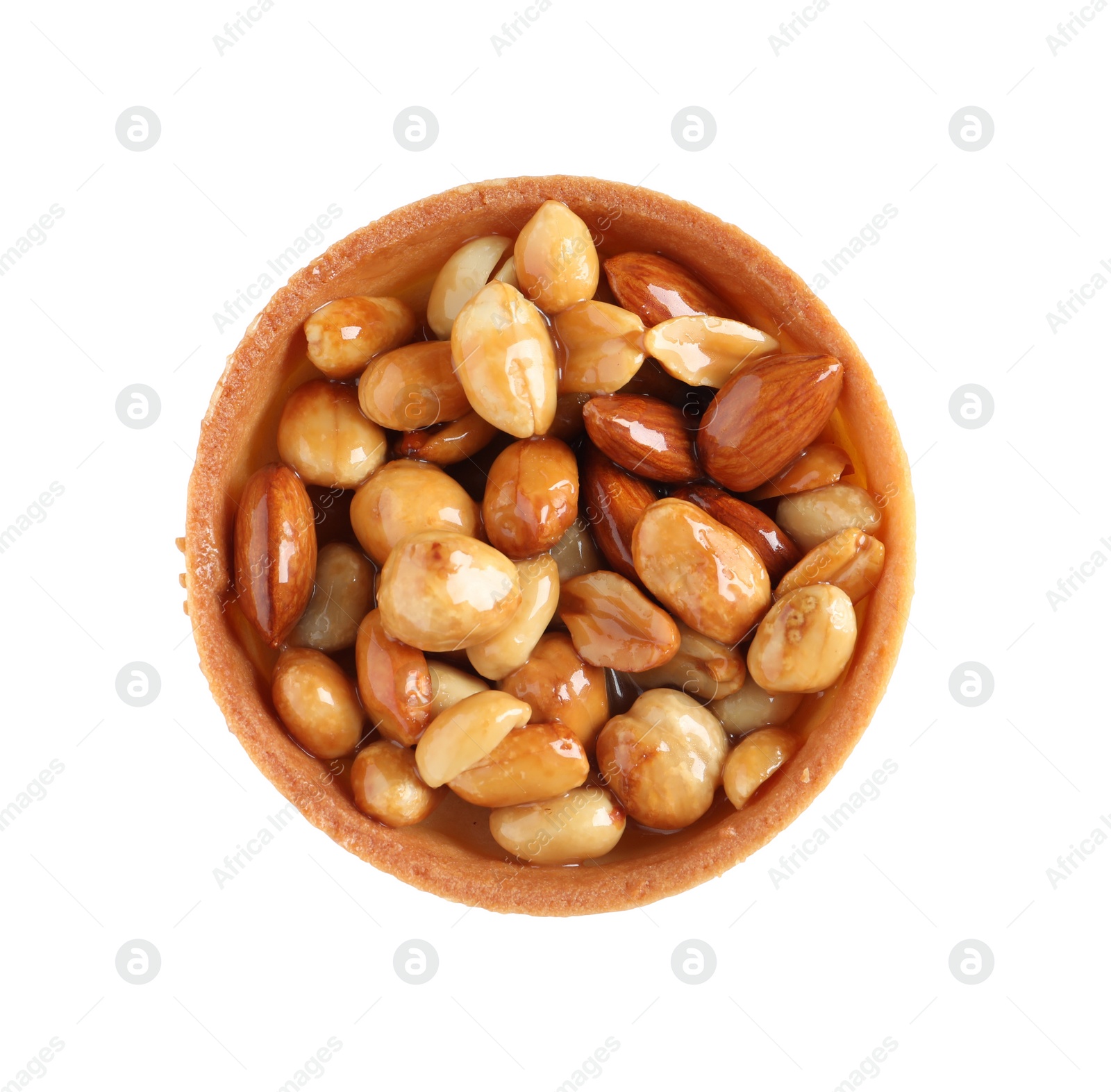 Photo of Tartlet with caramelized nuts isolated on white, top view. Tasty dessert