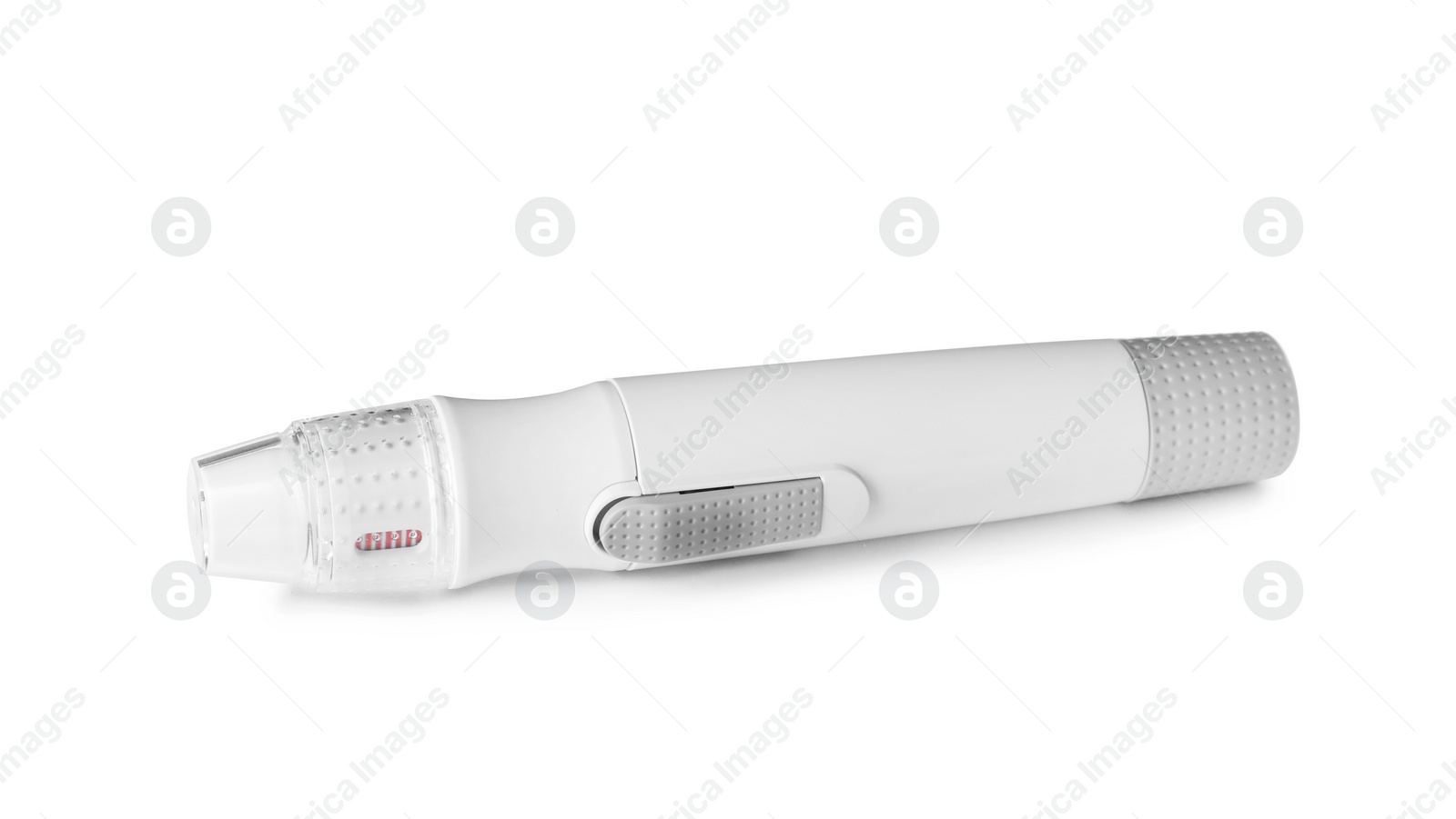 Photo of Blood lancet pen on white background. Medical device