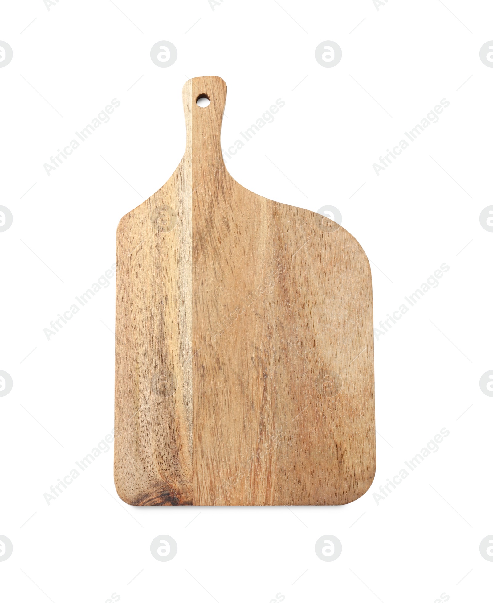 Photo of One wooden cutting board isolated on white, top view