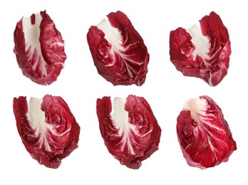 Image of Set with fresh ripe radicchio leaves on white background 