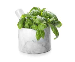 Photo of Mortar with fresh green basil leaves on white background