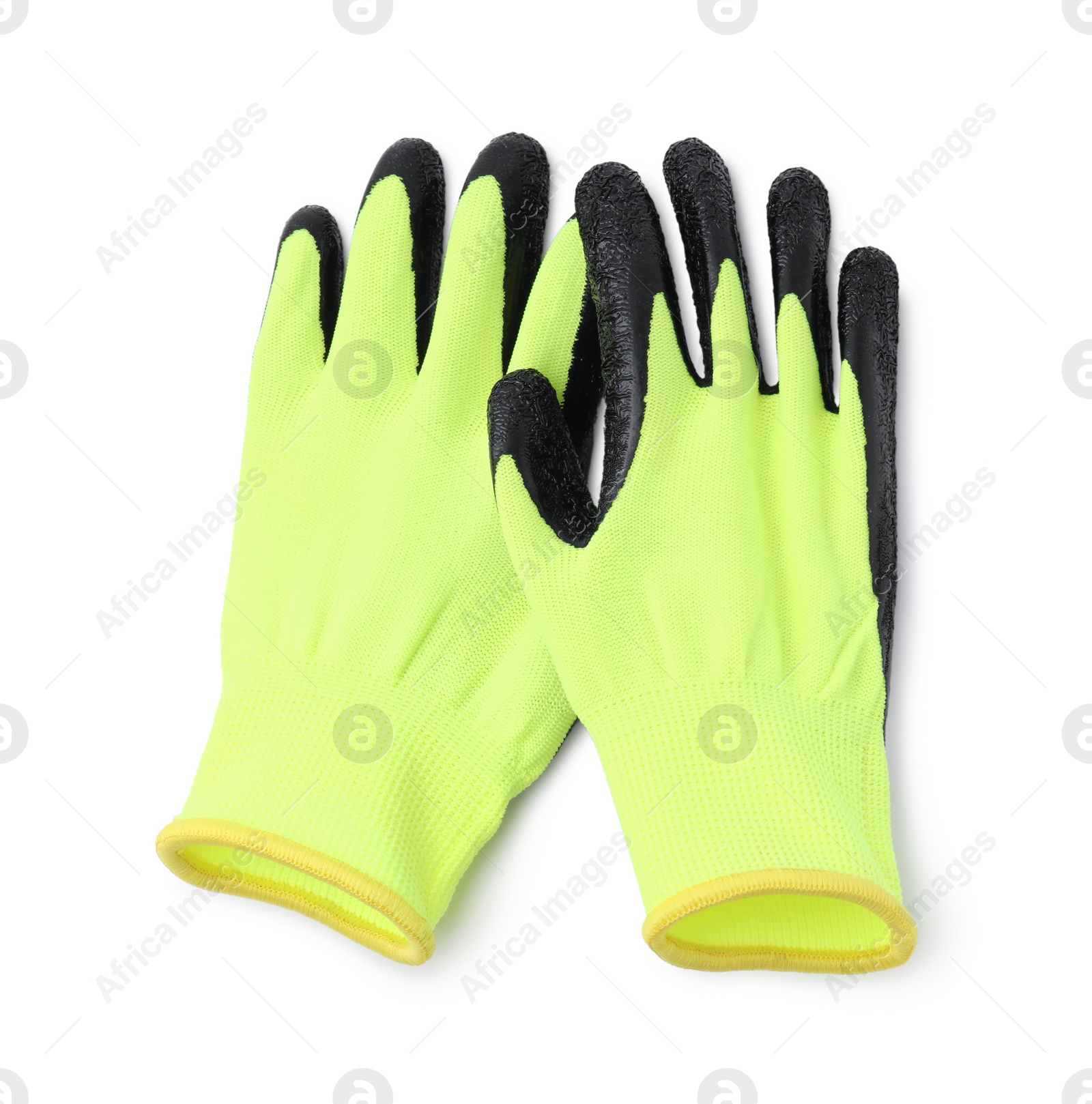 Photo of Pair of color gardening gloves isolated on white, top view