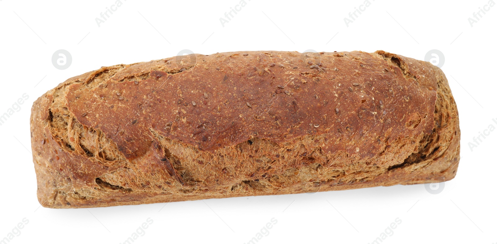 Photo of Freshly baked sourdough bread isolated on white, top view