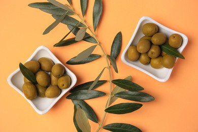 Fresh olives and green leaves on pale orange background, flat lay