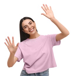 Photo of Happy woman giving high five with both hands on white background