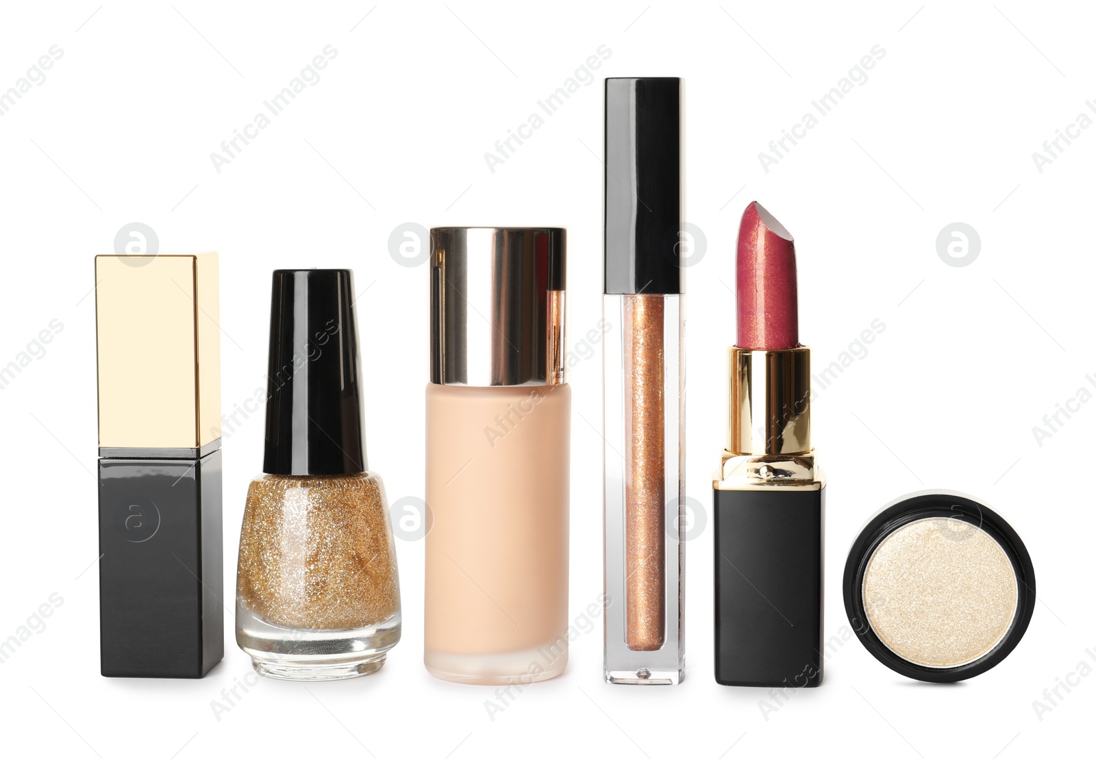 Photo of Set of luxury makeup products on white background